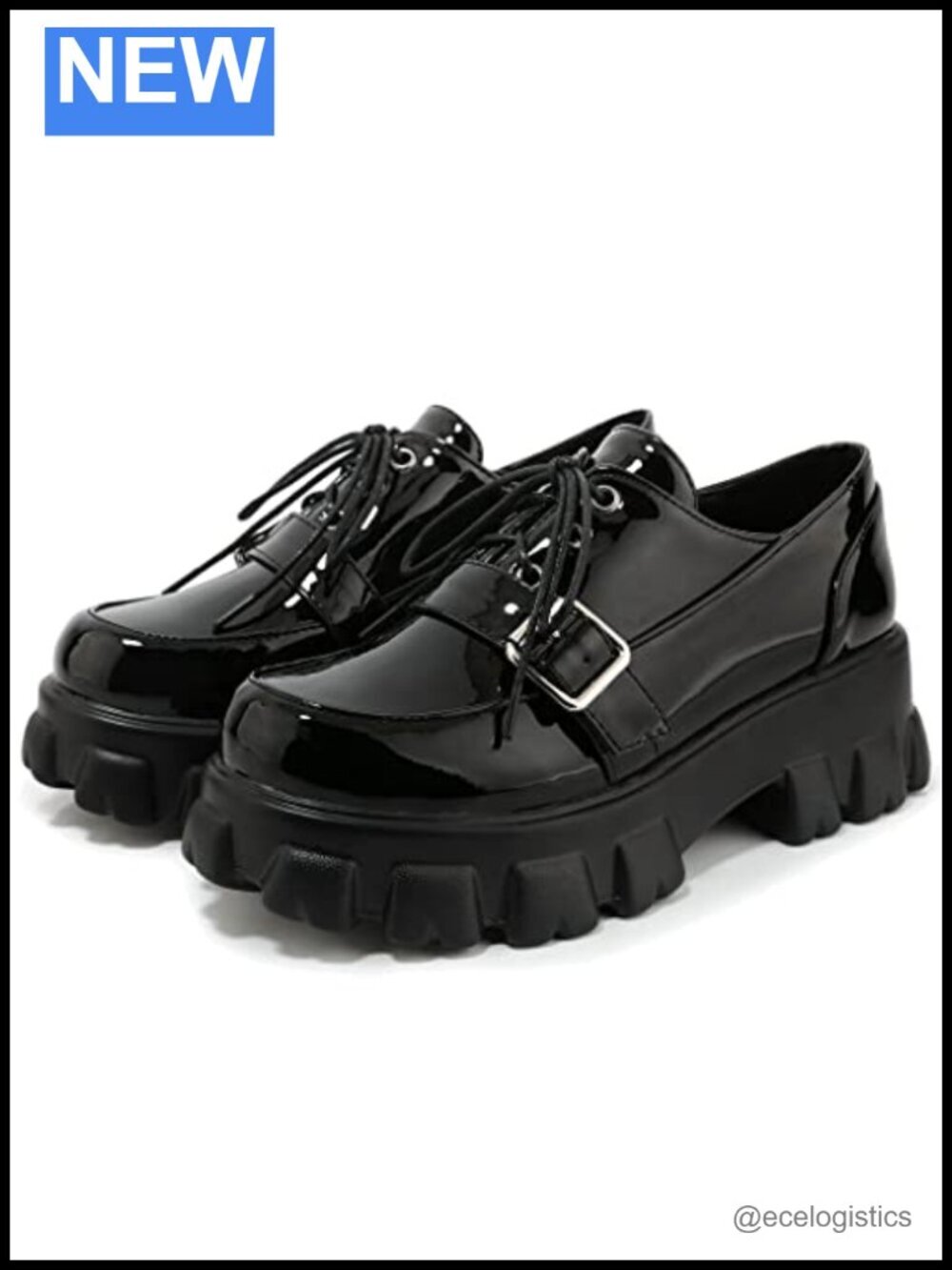 Chunky Platform Loafers Oxford Shoes Goth Buckle Lace-Up Faux Leather Block Heel